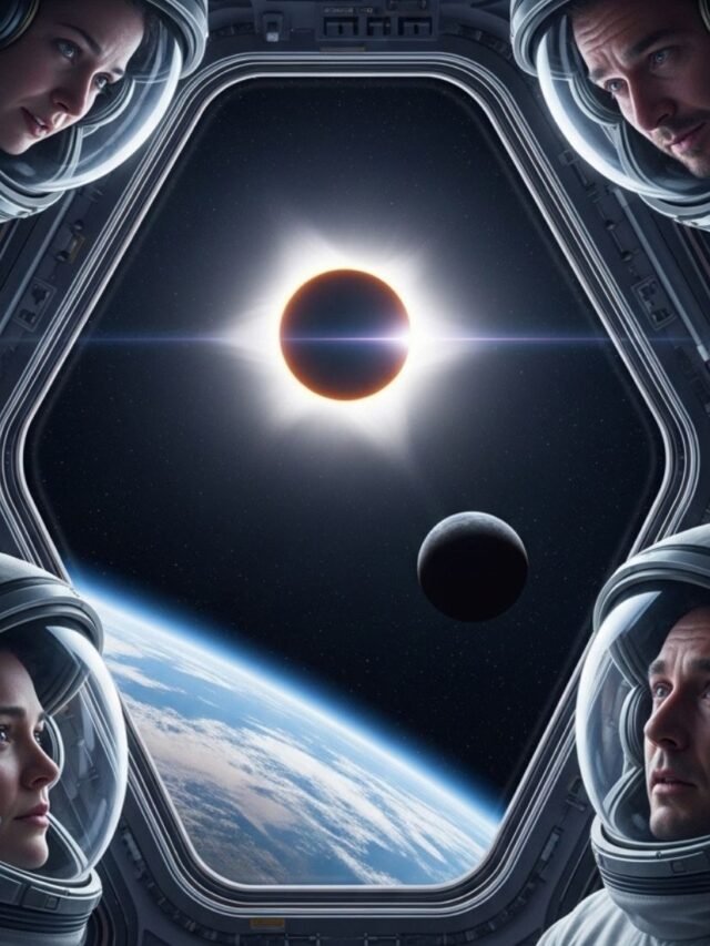 Artemis II astronauts inside Orion spacecraft witnessing a total solar eclipse after regaining contact with Earth