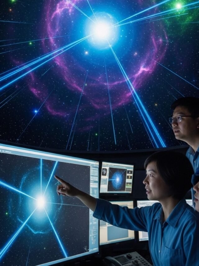 Dramatic space illustration of a strange pulsar discovered by Chinese astronomers, emitting powerful beams across deep cosmic darkness