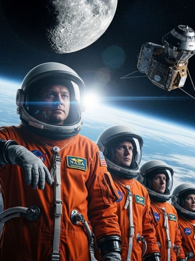 Four Artemis II astronauts in orange space suits posing together.