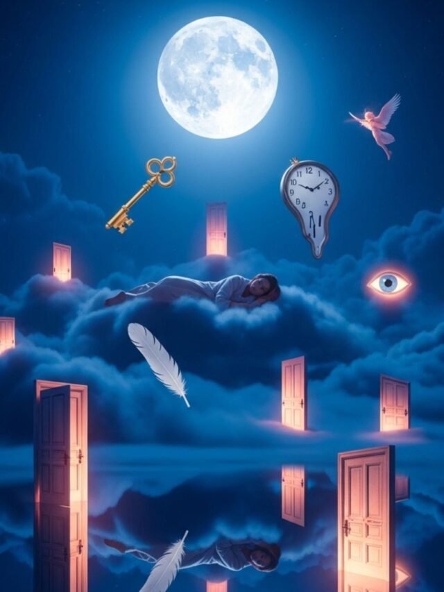 Mystical dream scene with glowing moon, sleeping person, and symbolic life-changing dream signs in a spiritual atmosphere