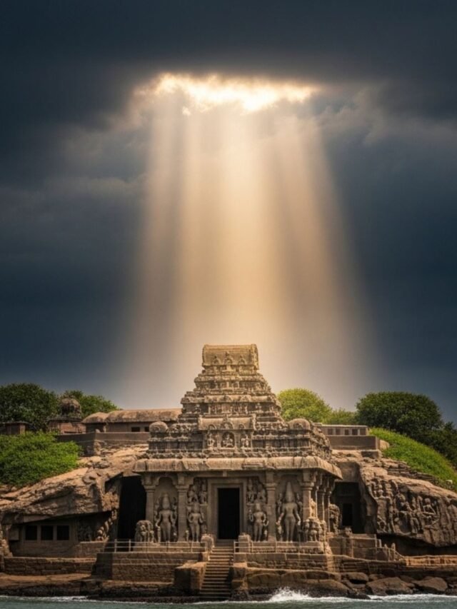 Ancient Elephanta Island caves in India, showing temple carvings and hints of a historic trade center