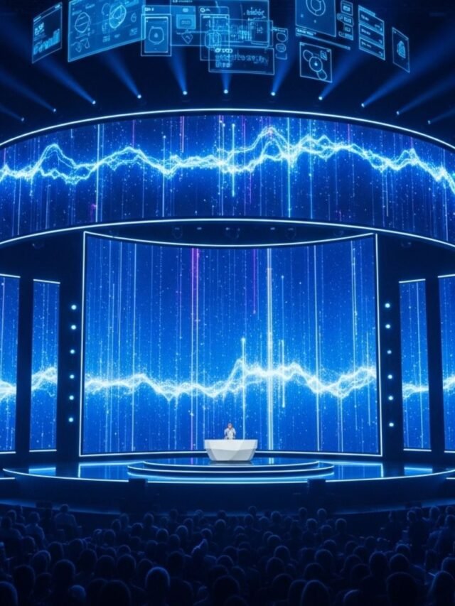 Futuristic Google I/O 2026 stage with AI theme, glowing digital interface, and advanced technology visuals