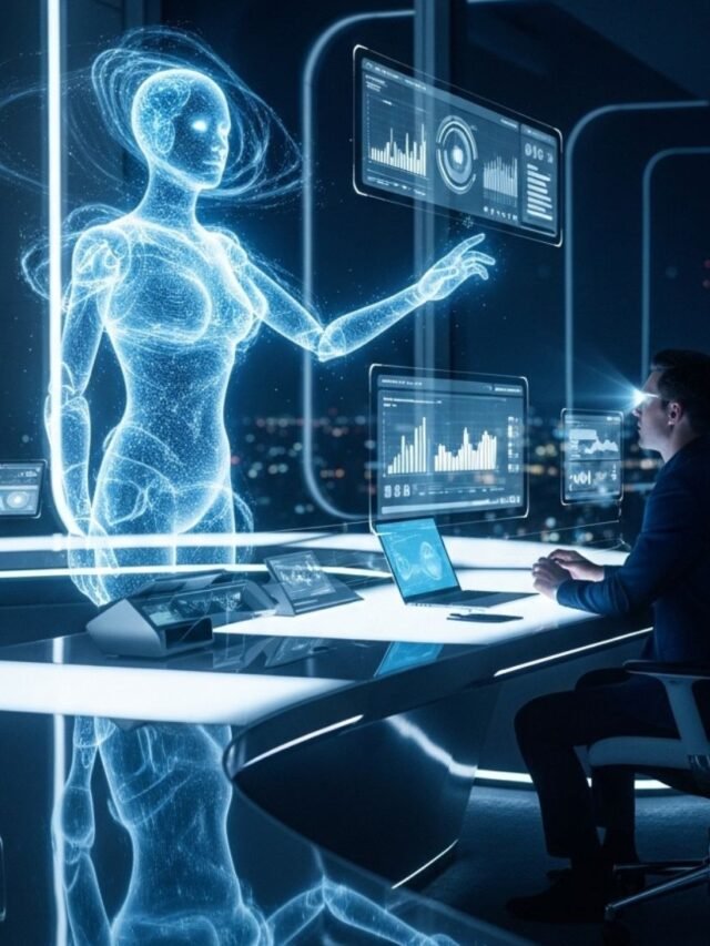 Futuristic Google I/O 2026 event stage with AI, Gemini, Android, and glowing tech visuals