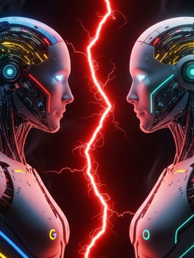 Google and OpenAI AI competition concept with futuristic digital background