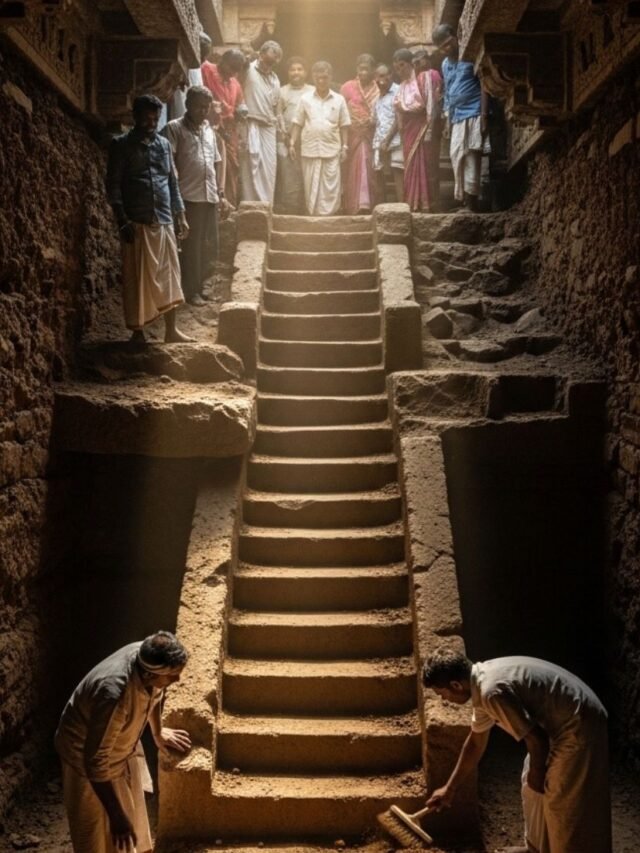 Ancient stone steps discovered underground during excavation at a historic temple in Kolhapur