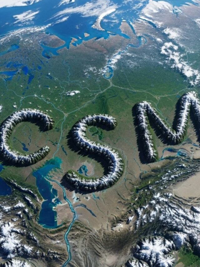 A satellite view of Earth showing letter-like land patterns