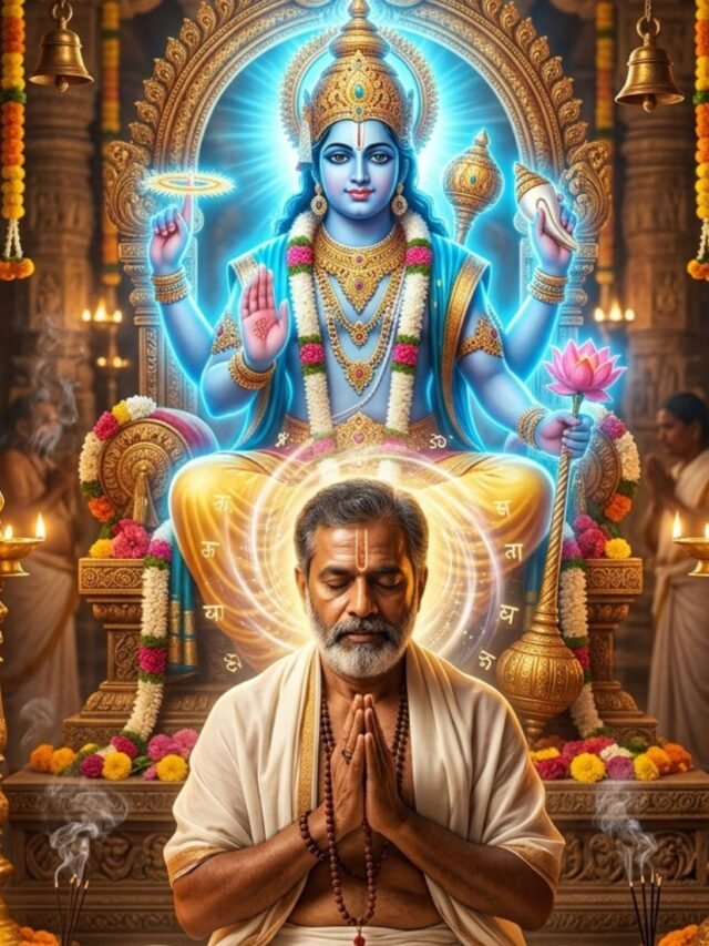 Devotional depiction of Vishnu Sahasranamam chanting with calm spiritual energy and a glowing divine atmosphere symbolizing mental peace and focus