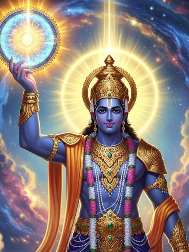 Sudarshana Chakra glowing in Lord Vishnu’s hand with a dramatic, divine cosmic background