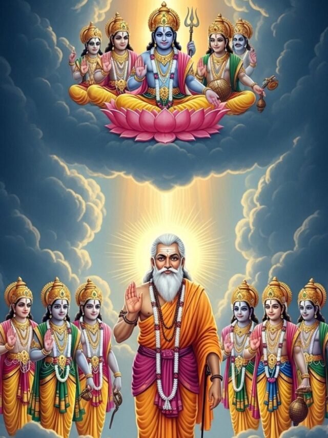A powerful ancient sage standing before the gods in a celestial setting with divine light and dramatic mythological atmosphere