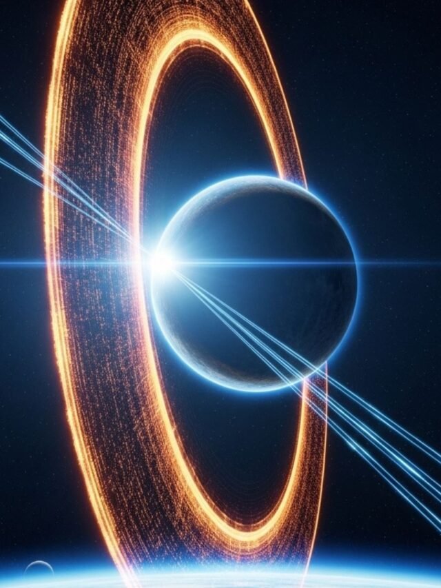 A futuristic solar ring around the Moon collecting sunlight and sending clean energy beams toward Earth