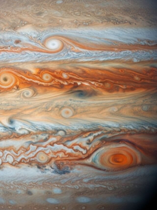 Stunning view of Jupiter captured by the NASA Juno spacecraft, showing colorful swirling clouds