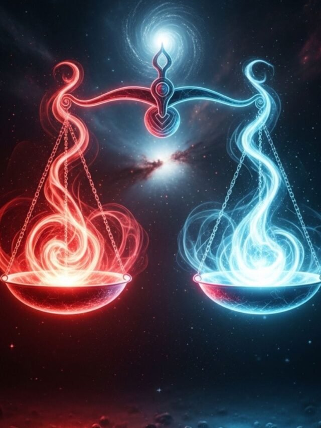 A spiritual, symbolic image representing karma as balance, actions, and consequences rather than revenge or punishment