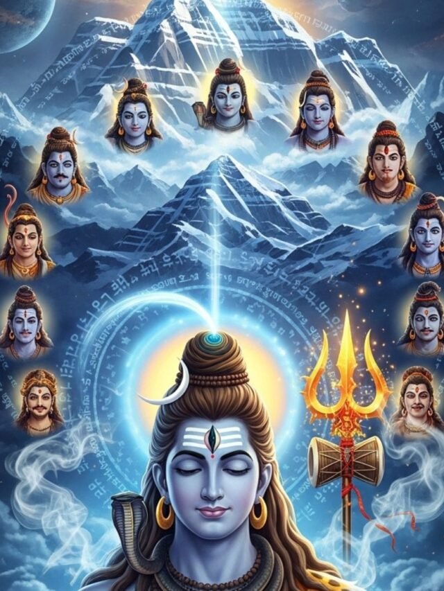 Mystical illustration of Lord Shiva with multiple rare avatars in a divine cosmic background
