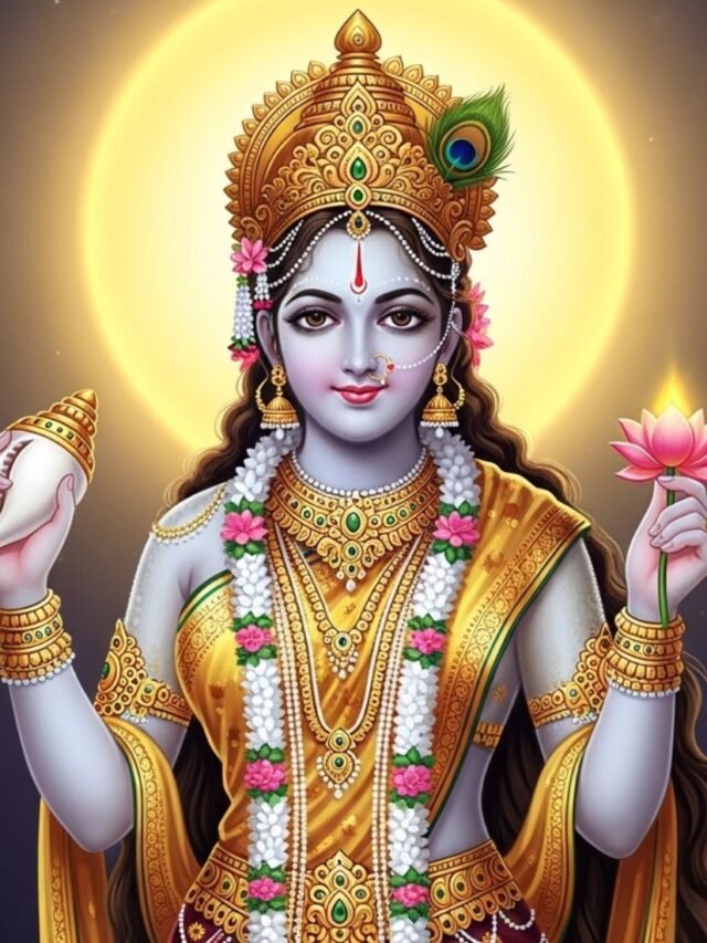 Lord Vishnu in Mohini avatar, glowing with divine aura in the temple
