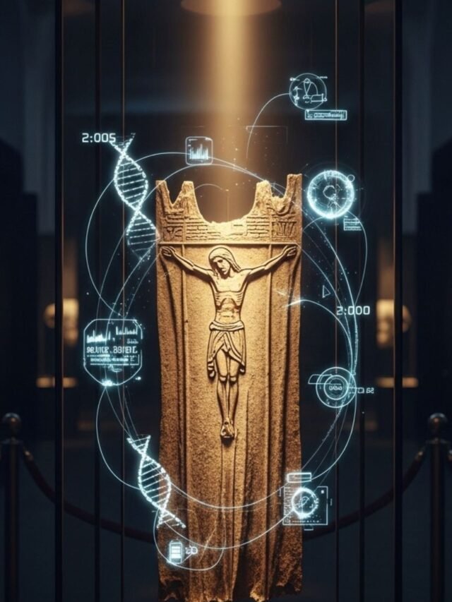 Close-up of the Shroud of Turin with scientific DNA analysis concept and mystery background