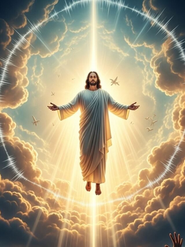 Dramatic biblical scene showing signs of Jesus' second coming with a glowing sky, spiritual atmosphere, and end times symbolism