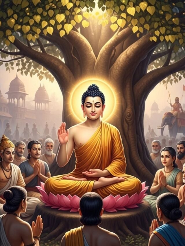 Symbolic illustration of Gautam Buddha explaining the story of four wives and the meaning of human life