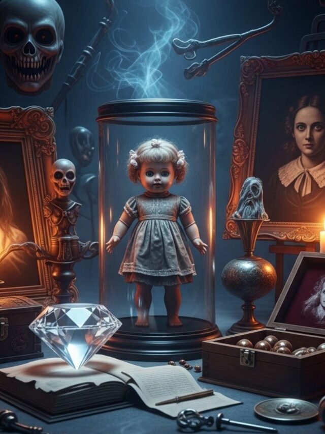 A dark collection of cursed and haunted objects from history, including creepy dolls, cursed jewels, paintings, and mysterious antique items