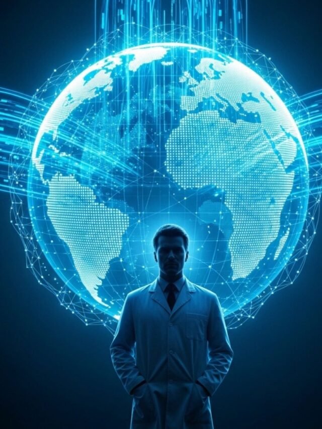 Scientist silhouette with glowing digital globe and web connections