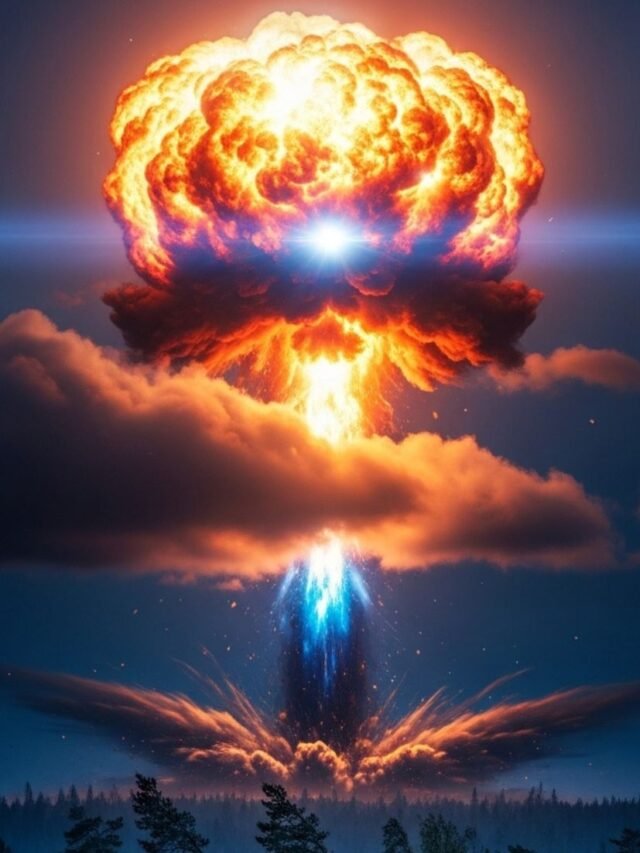 Illustration of the 1908 Tunguska explosion over the forests of Siberia with a massive fireball in the sky