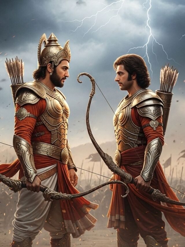 Karna and Arjuna are facing each other in a dramatic Mahabharata battlefield scene with divine warrior energy