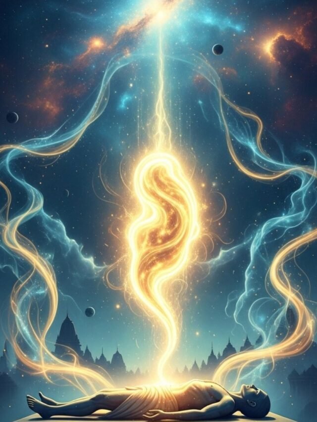 Spiritual depiction of the soul leaving the body with divine light, inspired by the Mahabharata’s teachings on death and the afterlife