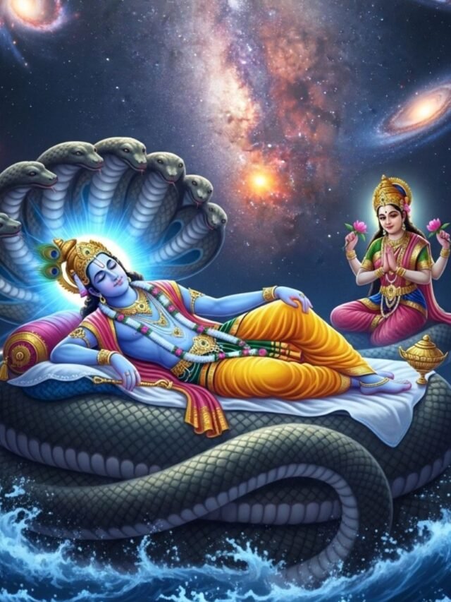Lord Vishnu in yoganidra on Adishesha in the cosmic ocean, symbolizing divine rest and universal balance