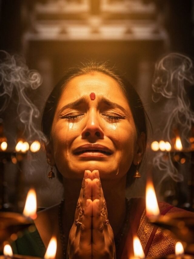 A devotee crying emotionally during prayer in front of a glowing temple lamp