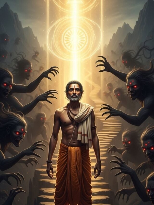 Spiritual illustration showing why good people do not win immediately according to Hindu wisdom, with karma, dharma, patience and divine timing