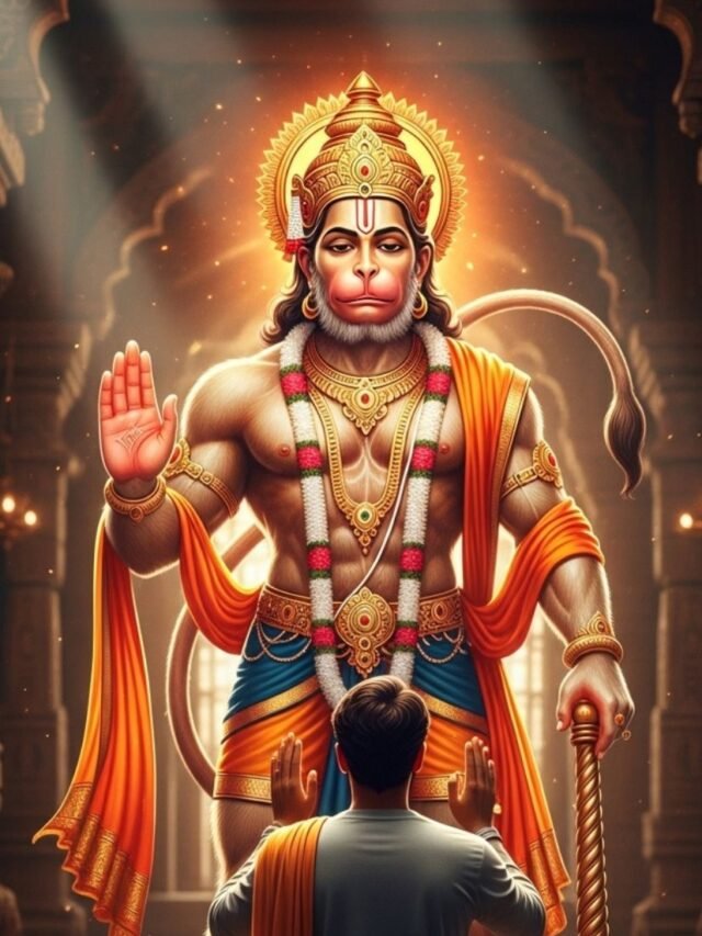 Divine Lord Hanuman is protecting a devotee with a glowing spiritual aura and sacred light in a powerful devotional atmosphere