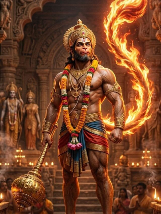 Lord Hanuman with glowing tail and mighty mace, a symbolic divine power scene from Ramayana