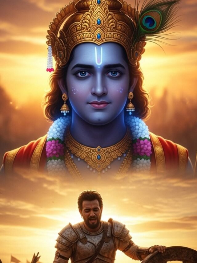 Krishna watching Karna on the Kurukshetra battlefield during his final moment