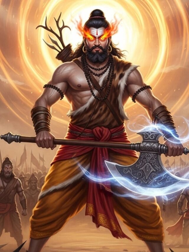 Lord Parashurama, standing with his axe in a fierce divine pose, symbolizing his war against the Kshatriyas in Hindu mythology