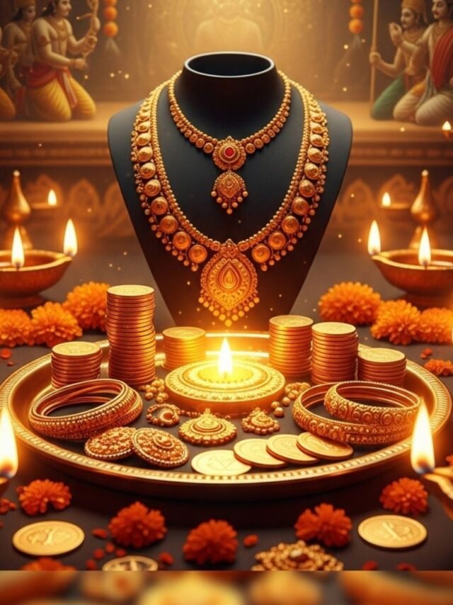 Devotional scene showing gold coins and ornaments on Akshaya Tritiya with a Mahabharata-inspired spiritual background