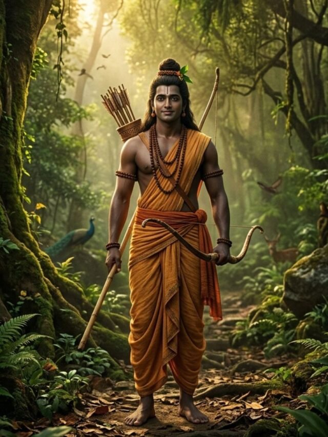 Lord Rama standing calmly in the forest, symbolizing patience, dharma, and silent acceptance of pain