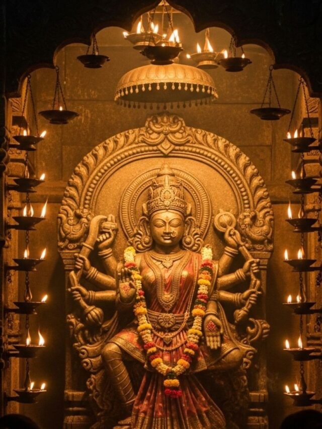 Ancient Durga idol preserved inside a sacred shrine in Kashi, surrounded by lamps and a mysterious spiritual atmosphere