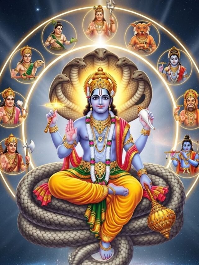 Lord Vishnu in a divine cosmic form, with symbols of the ten avatars glowing around him