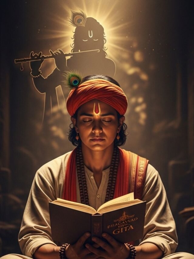 A thoughtful devotee reflecting deeply with Bhagavad Gita in hand, glowing divine light symbolizing life-changing spiritual wisdom