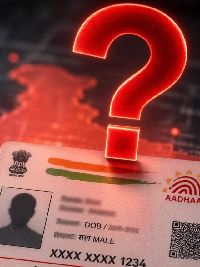 Aadhaar card image with a large red question mark highlighting confusion over possible changes to name and number details.