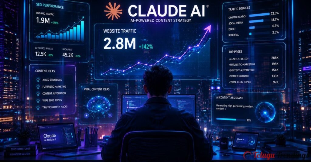 Futuristic digital creator using Claude AI skills to grow website traffic with glowing SEO analytics dashboards and AI technology visuals.