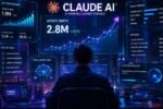 Futuristic digital creator using Claude AI skills to grow website traffic with glowing SEO analytics dashboards and AI technology visuals.