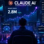 Futuristic digital creator using Claude AI skills to grow website traffic with glowing SEO analytics dashboards and AI technology visuals.