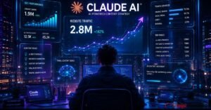 Futuristic digital creator using Claude AI skills to grow website traffic with glowing SEO analytics dashboards and AI technology visuals.