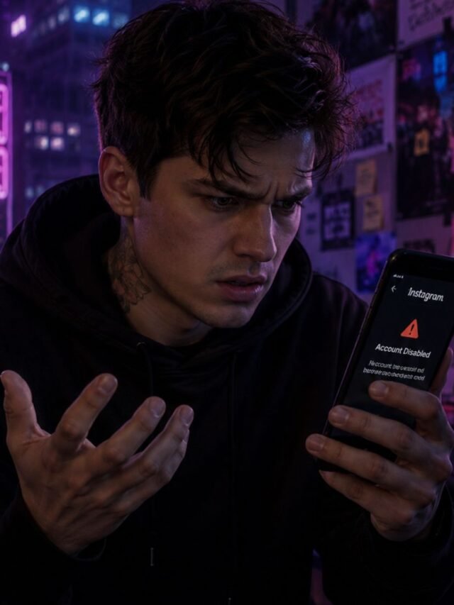 The user is seeing a disabled Instagram account warning on the mobile screen.