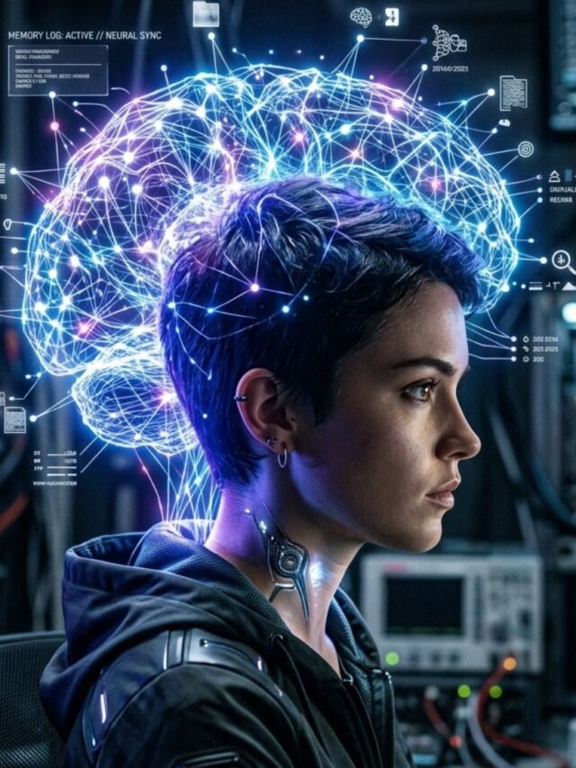 Futuristic AI brain helping humans organize digital knowledge and memories.