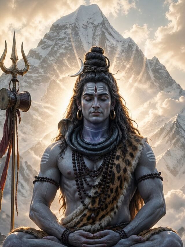 Lord Shiva, wearing a tiger skin instead of gold ornaments while meditating in the Himalayas with a divine spiritual aura.