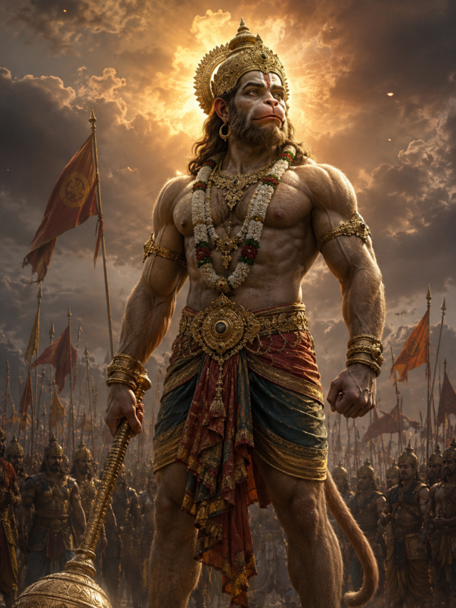 Hanuman standing powerfully in the Mahabharata battlefield beside the Pandavas