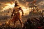 Epic Hanuman standing in Kurukshetra battlefield during Mahabharata war beside Pandava army
