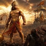 Epic Hanuman standing in Kurukshetra battlefield during Mahabharata war beside Pandava army