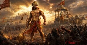 Epic Hanuman standing in Kurukshetra battlefield during Mahabharata war beside Pandava army